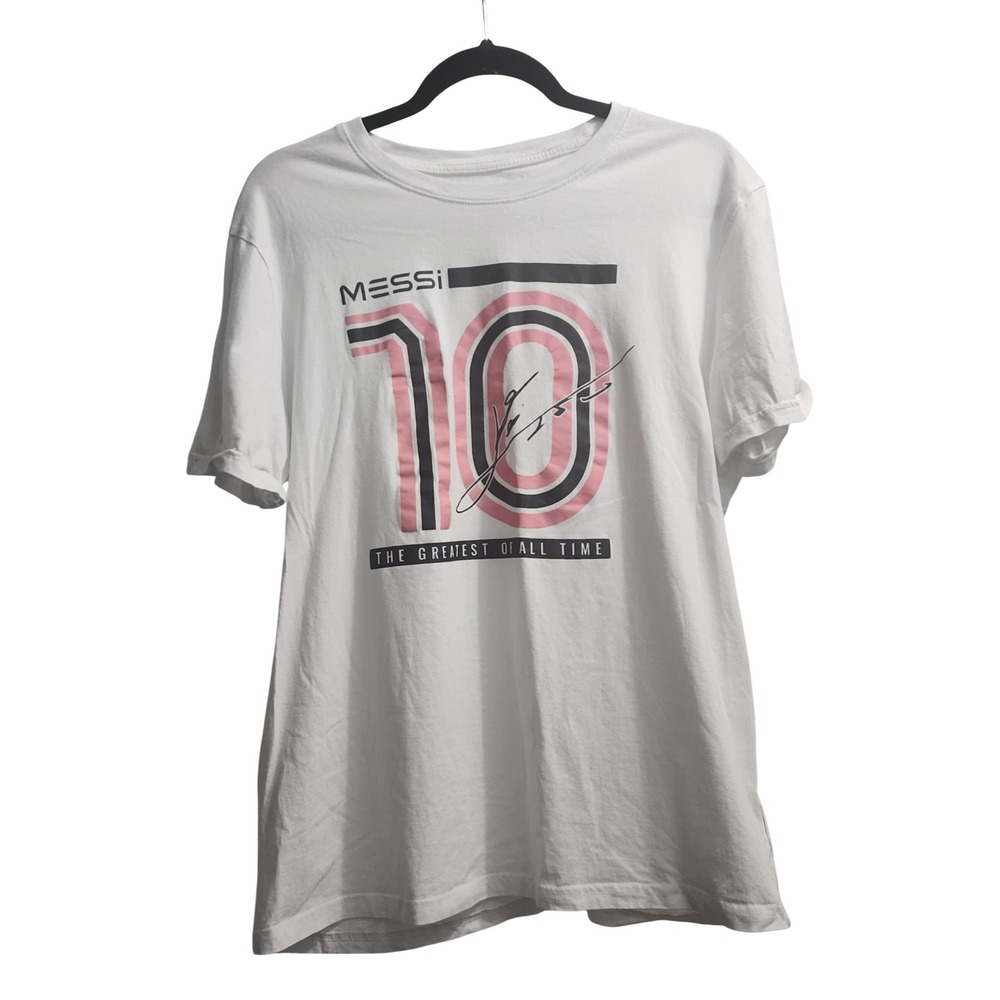 Messi Collection‎ White GOAT Graphic T-Shirt Mens Large 10 Signature Soccer Tee